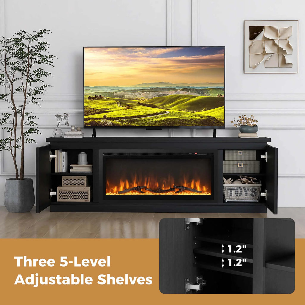 Costway Fireplace TV Stand for TVs up to 80" with Electric Fireplace 3 Adjustable Shelves Black