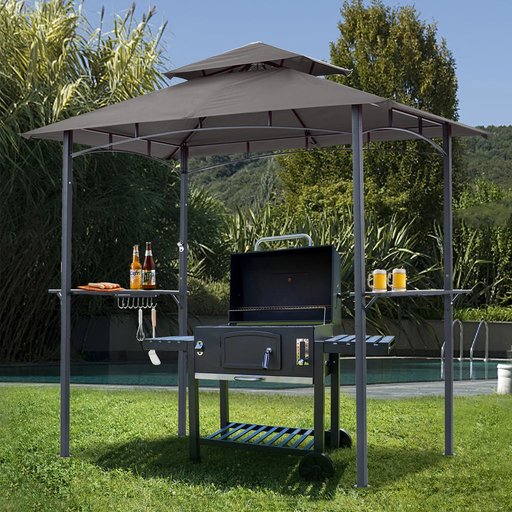 ABCCANOPY 8'x 5' Grill Gazebo Shelter, Double Tier Outdoor BBQ Gazebo Canopy with LED Light(Brown)