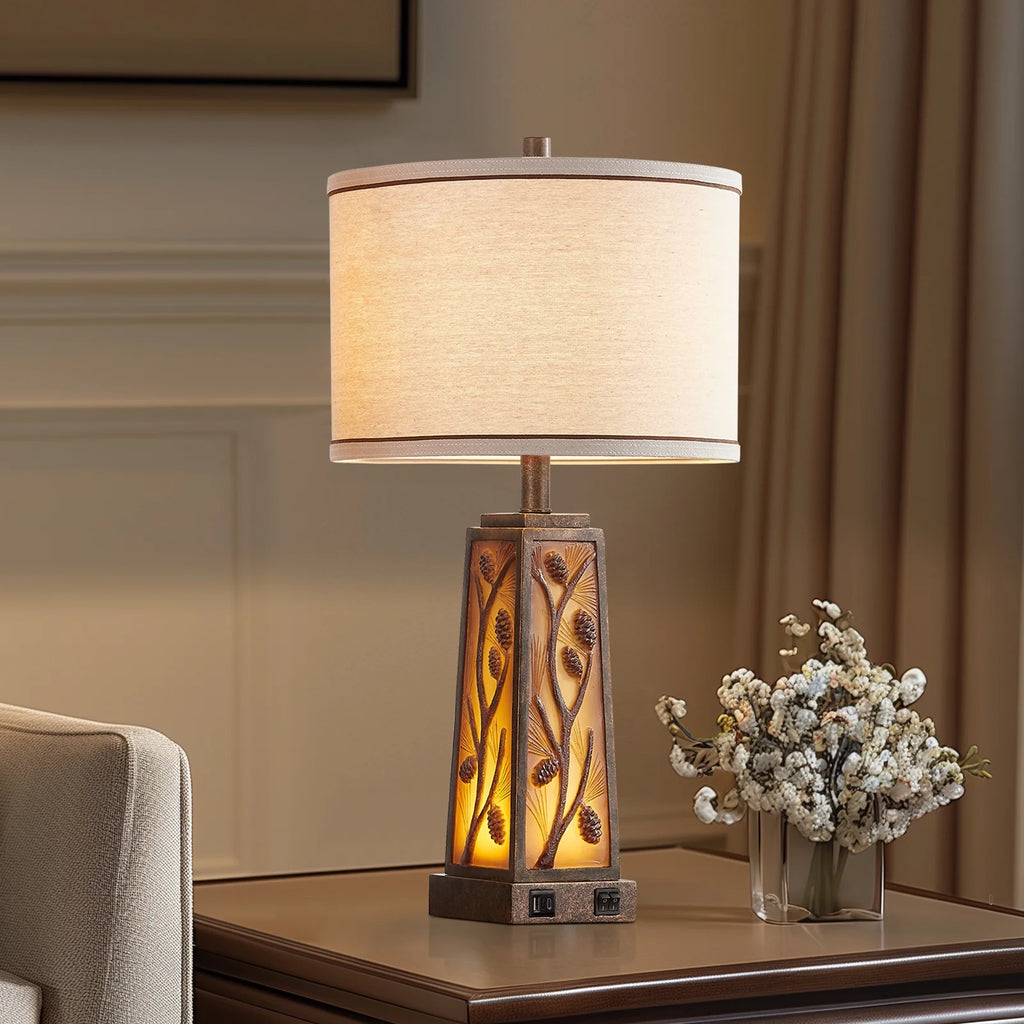 RORIA 24 Modern Living Room Table Lamp 2-Piece Set with 2 USB Charging Ports, Built-in White Frosted Glass with Night Light, Black Vintage Rustic Farmhouse Lamp for Bedroom Nightstand Lamps