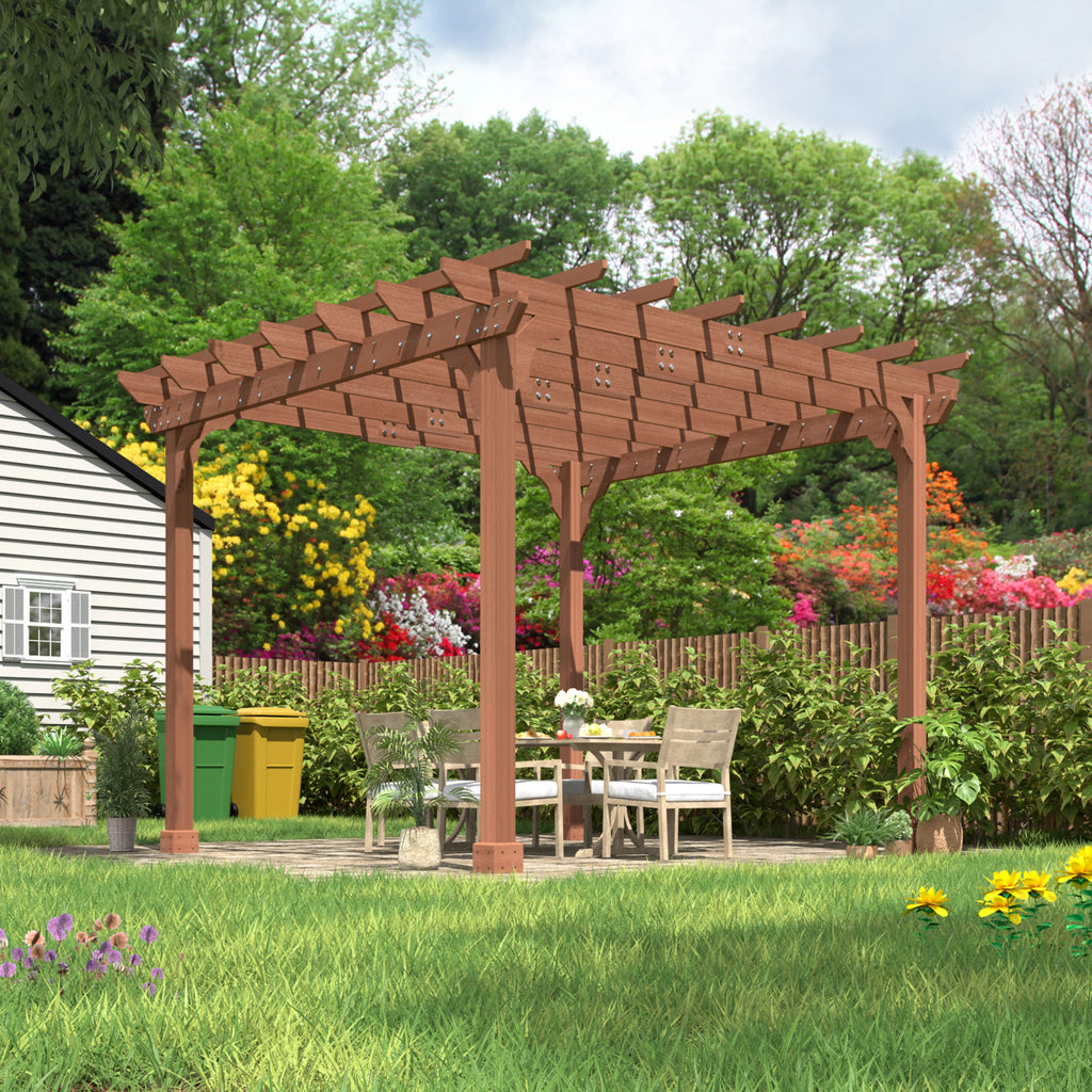 VEIKOUS 12'x10' Cedar Wood Pergola w/ Flat Roof and Ground Stakes for Outdoor Patio, Garden, Deck