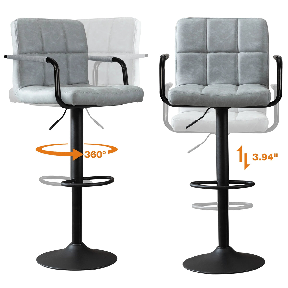 JONPONY Bar Stools Set of 2, Back and Armrest,Vintage Leather Modern Bar Chairs for Home and Kitchen Counter,Black,Low Back