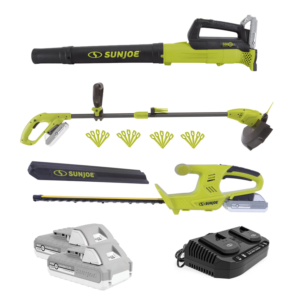 Sun Joe 24V Cordless Garden Combo Kit W/ Leaf Blower, Grass Trimmer, & Hedge Trimmer, 2 x 2.0-Ah Batteries + Charger