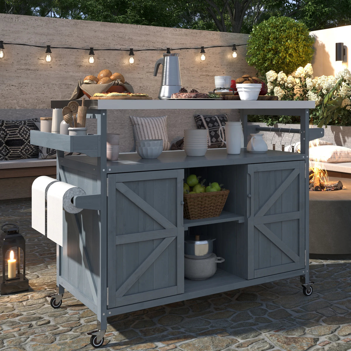 Outdoor Kitchen Island, Rolling Bar Cart & Storage Cabinet, Farmhouse Solid Wood Outdoor Grill Table with Stainless Steel Top, Spice Rack , Towel Rack for Kitchen & BBQ , Natural