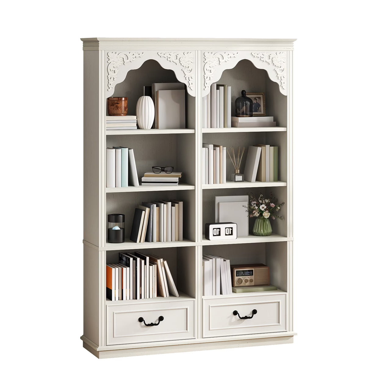 ModFusion 70" Distressed White Bookshelf with Adjustable Shelves and Two Drawers