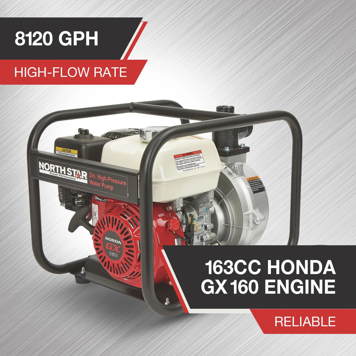 NorthStar High-Pressure Water Pump, 8120 GPH, 94 PSI, 2in. Ports, 163cc Honda GX160 Engine