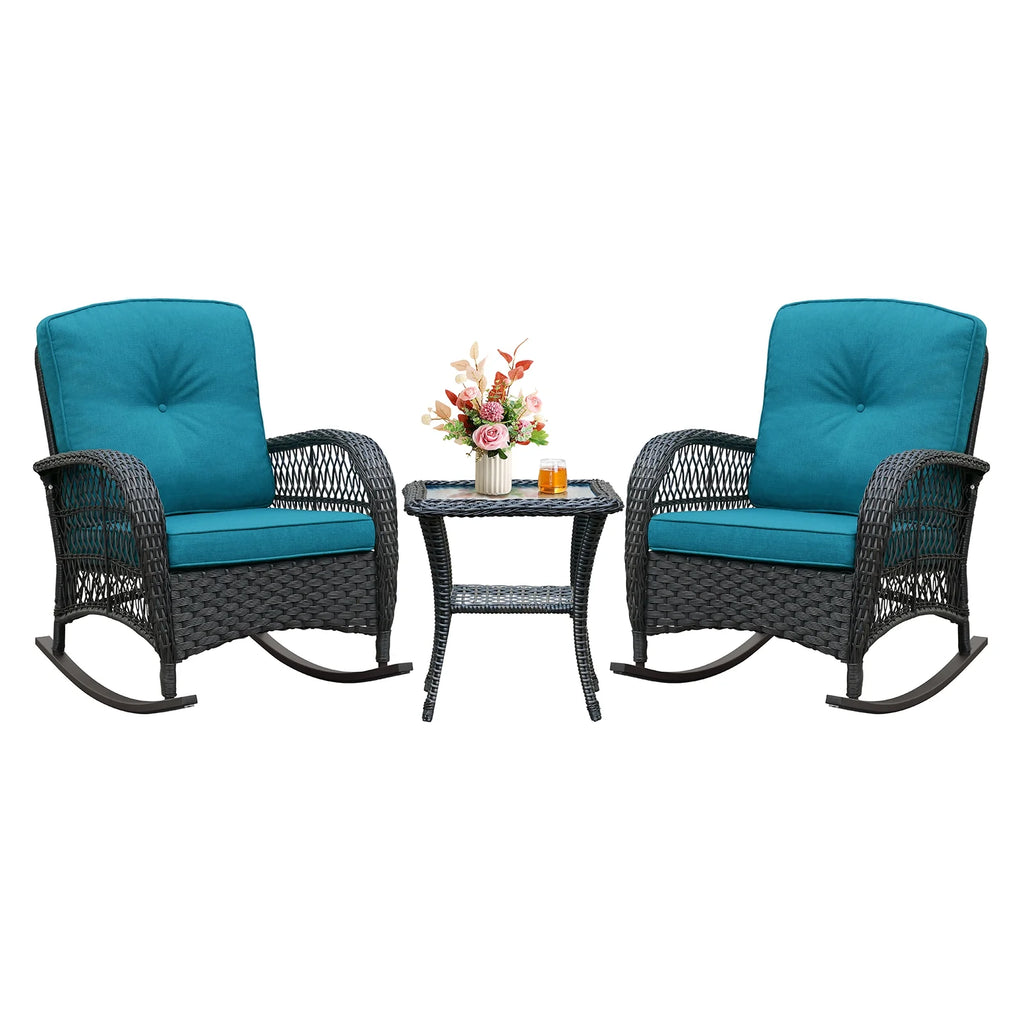 JP Outdoor 3Pcs Outdoor Wicker Rocking Porch Chairs with Coffee Table,Kahki