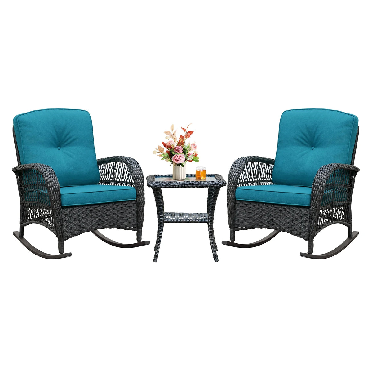 JP Outdoor 3Pcs Outdoor Wicker Rocking Porch Chairs with Coffee Table,Kahki