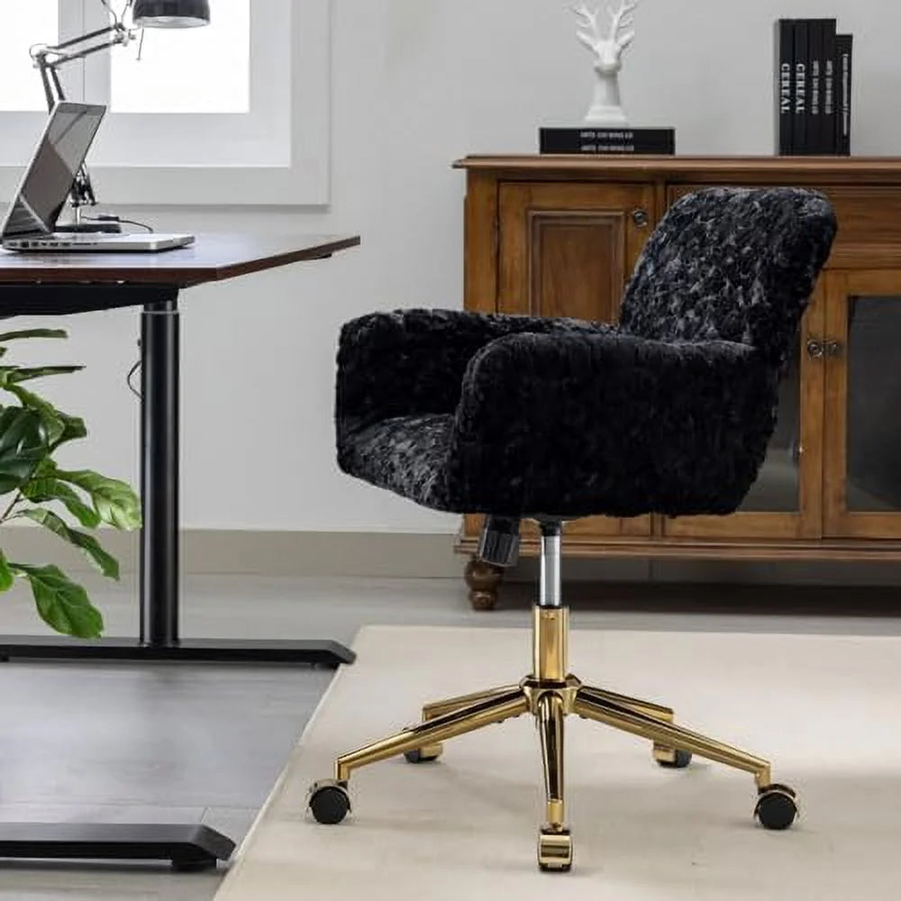 Fluffy Desk Chair,Height Adjustable Vanity Chair with Wheels,Comfortable Faux Fur Desk Chair with goldenn Base, Arm Chair for Bedroom,Living Room,Vanity,Office
