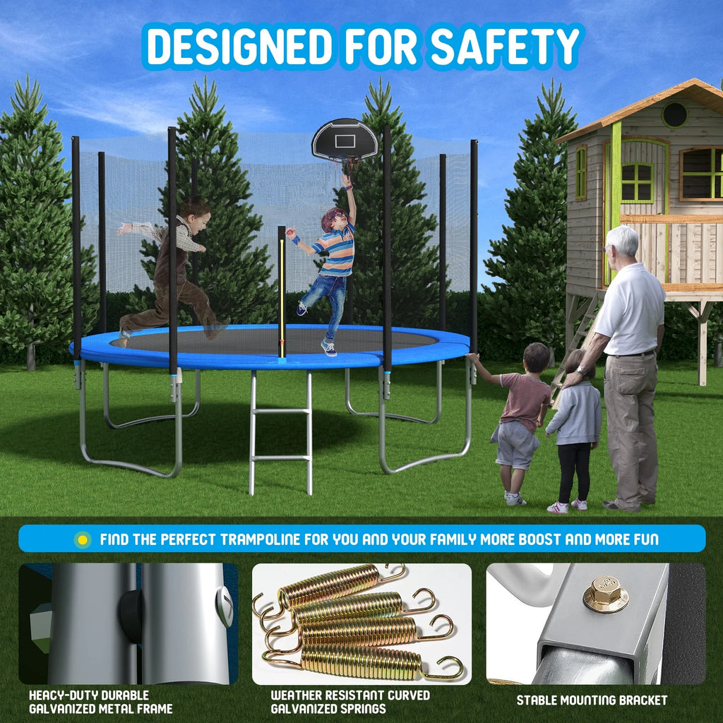Trampoline Outdoor, 14FT Kids Trampoline with Enclosure Net and Ladder, Upgrade All-Weather Round Trampoline Curved Design with 5 Heavy-Duty Steel Legs