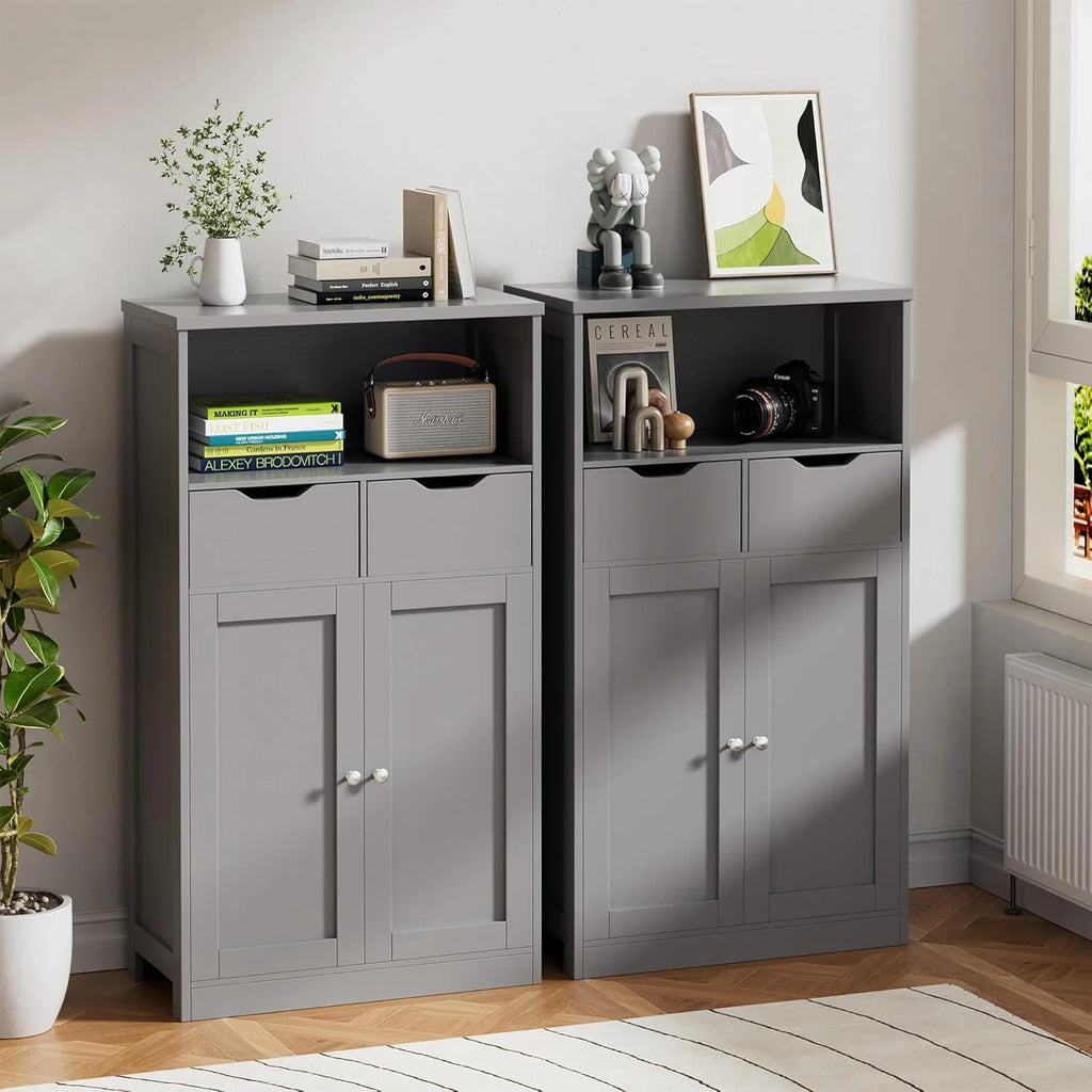 Vongrasig Farmhouse Freestanding Pantry Cabinet with 2 Drawers and Shelves, Wooden Storage Organizer for Bathroom, Living Room, Grey