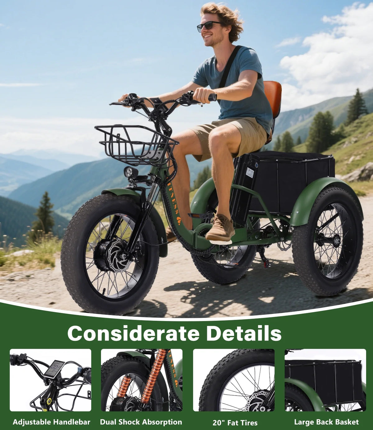 YEBEI Electric Tricycle for Adults Folding E-Trike Motorized Tricycle Electric 3 Wheels Trike Powerful 500W Motor Electric Tricycle 48V15AH Lithium Battery Max 20MPH 20*4.0 Fat Tire Orange