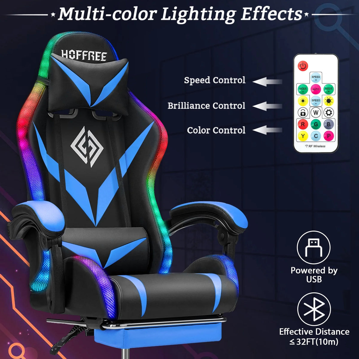 Hoffree Gaming Chair with Speakers PU Leather Office Chair with Footrest and LED Lights Ergonomic Gamer Chair with Massage Lumbar Support and Headrest Adjustable Swivel for Home Office 300lb