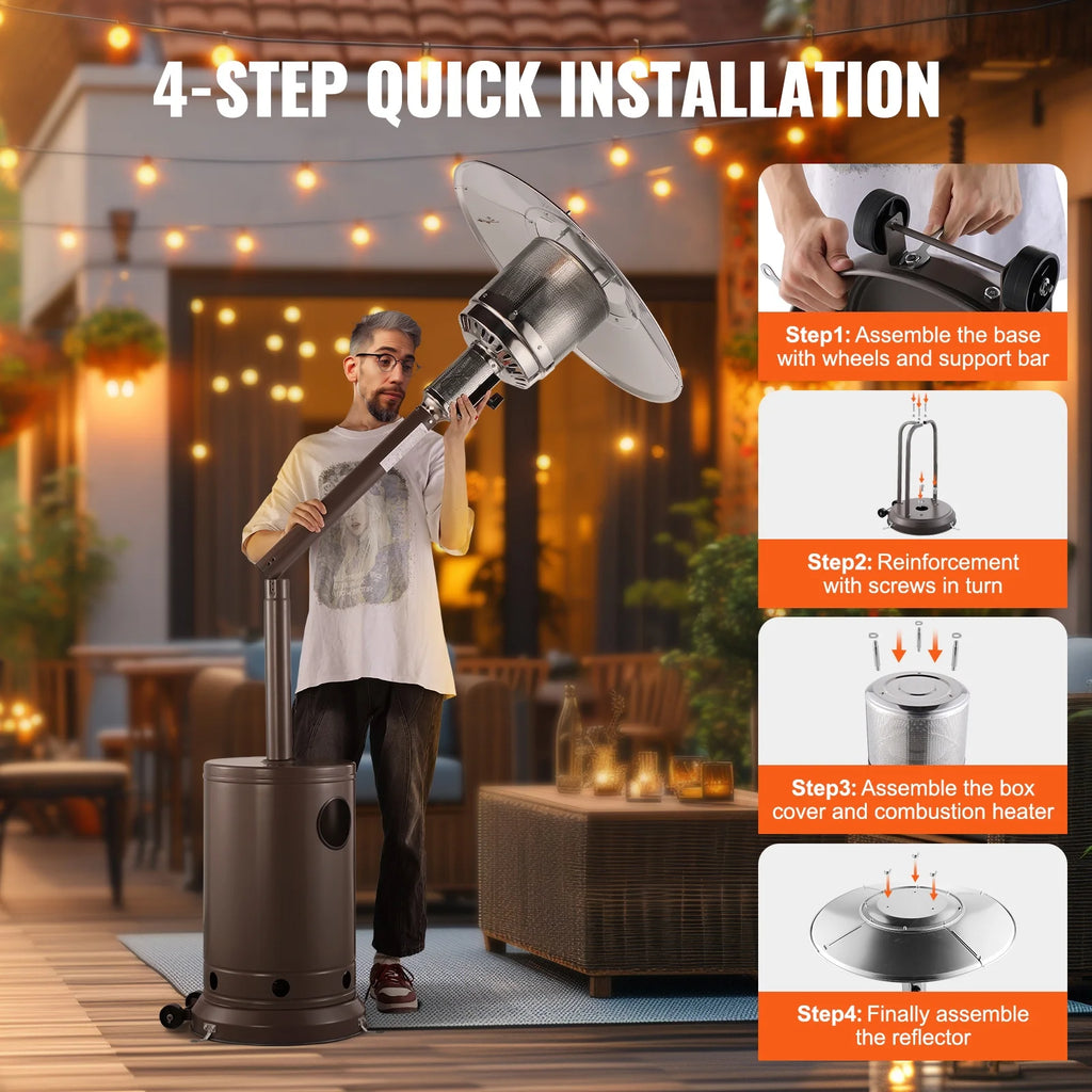 KFFKFF Outdoor Patio Heater, 50000BTU Propane Powered, Elegant Hammered Finish with Circular Table Feature, Durable Metal Burner & Portable Wheels, Ideal for Garden, Patio, Party, Backyard