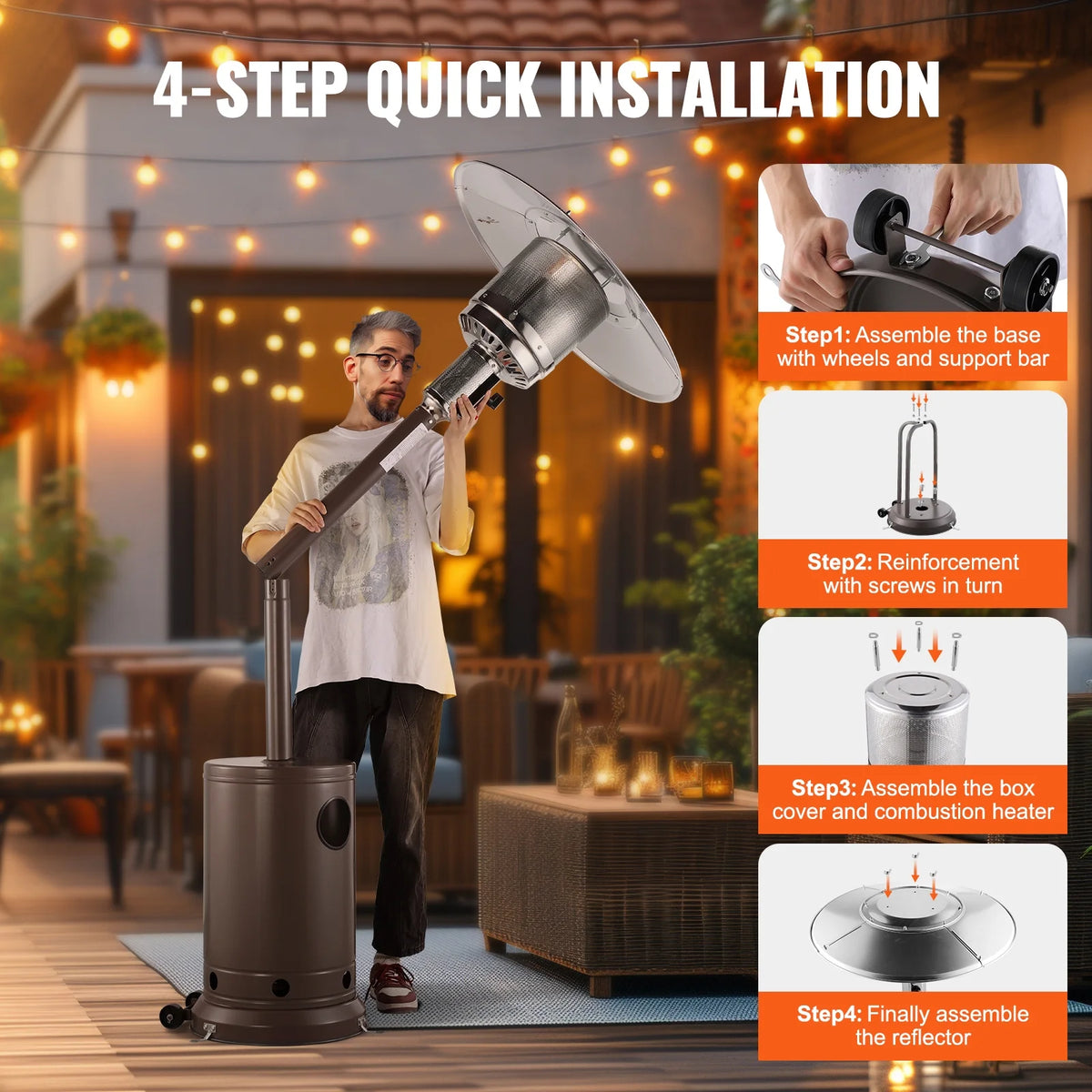 KFFKFF Outdoor Patio Heater, 50000BTU Propane Powered, Elegant Hammered Finish with Circular Table Feature, Durable Metal Burner & Portable Wheels, Ideal for Garden, Patio, Party, Backyard