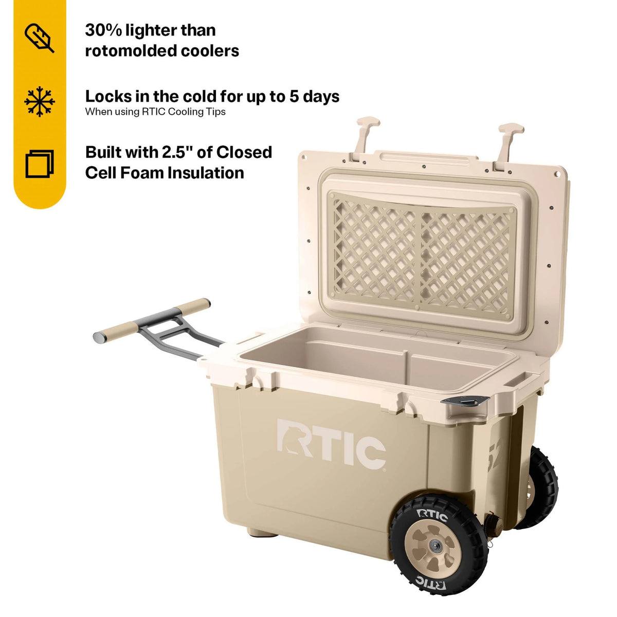 RTIC 52 QT Ultra-Light Wheeled Hard-Sided Ice Chest Cooler, Fits 78 Cans, Beach