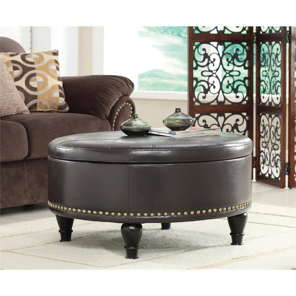 OSP Furniture Home Furnishings Augusta Round Storage Ottoman in Espresso Bonded Leather with Decorative Nailheads