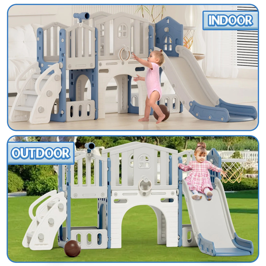 KORIMEFA 9 in 1 Kids Toddler Slide Set, Toddler Climber Slide for Age 1-3 with Basketball Hoop & Ball, Indoor Outdoor Playground Slide, Blue