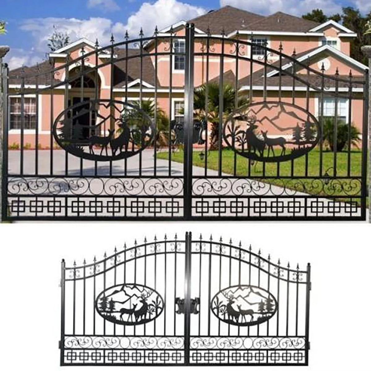 Outdoor Dual Swing Wrought Iron Gate for Driveway, Security Gate, Outdoor Fence Gate, Vienna Style for Yard, Backyard Patio 20'Star