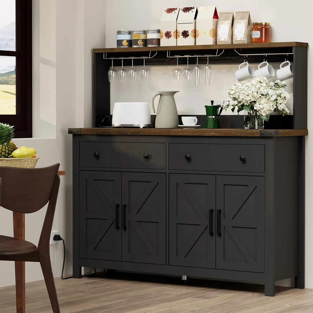 Winkalon Coffee Bar Cabinet with Hutch, 55" W Kitchen Buffet Sideboard Cabinet with 2 Drawers & USB Power Station, Black