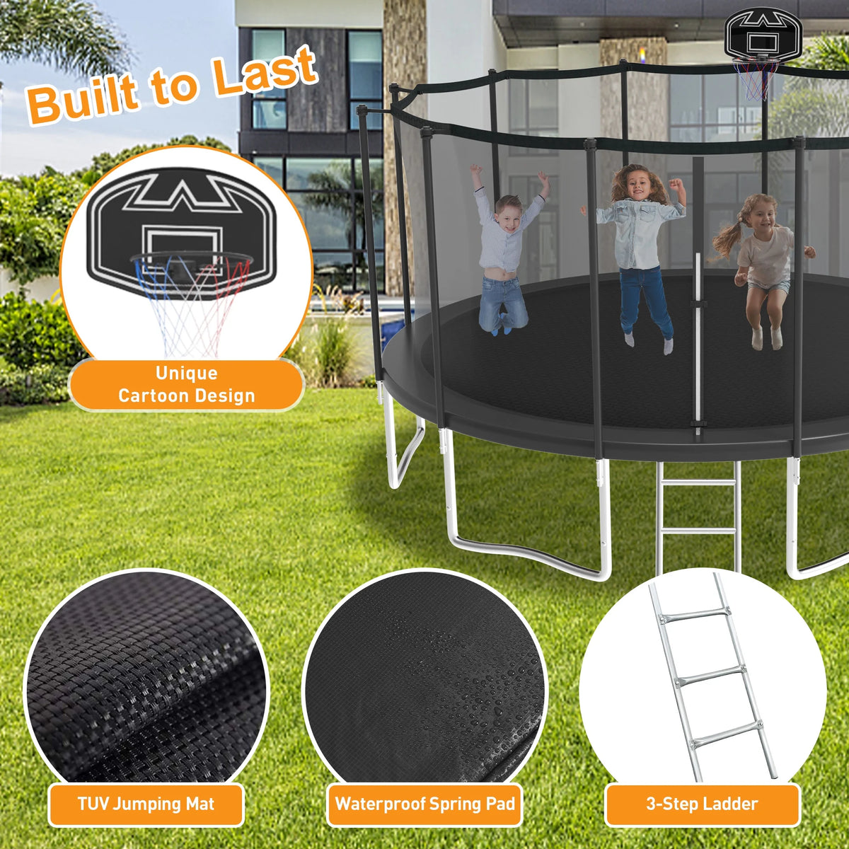 KOFUN Trampoline for Adults and Kids, 16FT 15FT 14FT 12FT 10FT 8FT Trampoline with Basketball Hoop, Enclosure Net, Ladder, Light, Anchor Kits, Heavy Duty Outdoor Backyard Trampolines, Black