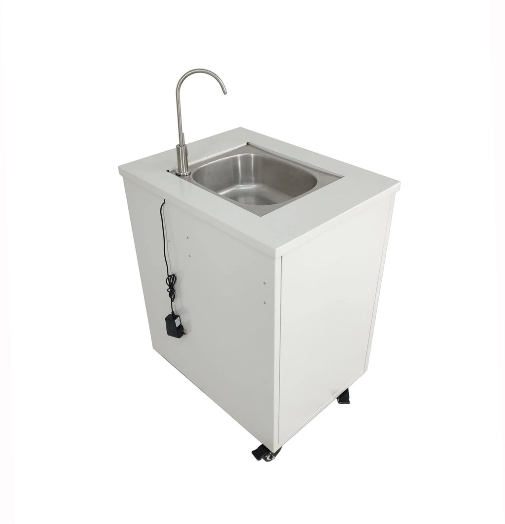 Cabinet Portable Sink Self Contained Hand Wash Station Mobile Sink Water Fountain Water Supply 110V/12V Powered Built-in Pump Water Jugs NOT included 24 X 18 X 30" CABINET SIZE 10094