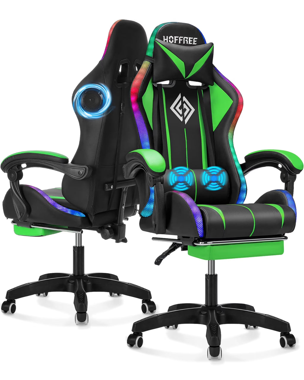 Hoffree Gaming Chair with Bluetooth Speakers and Footrest Massage Office Chair with LED Lights Ergonomic Game Chair High Back with Lumbar Support and Headrest Adjustable Swivel for Adults 300lb
