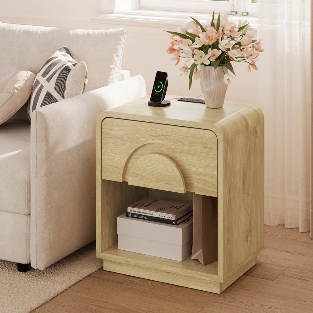 Bestier Nightstands Set of 2 with Charging Station, Modern Bedside Table End Table with Storage Drawer & Open Shelf for Bedroom Living Room Dorm Office, Natural
