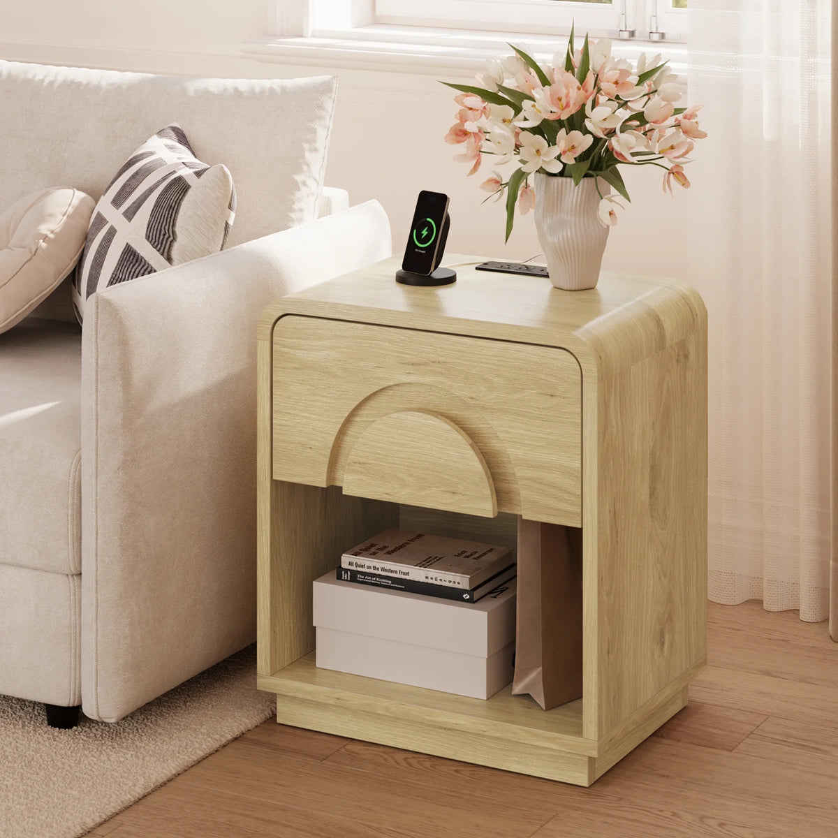 Bestier Nightstands Set of 2 with Charging Station, Modern Bedside Table End Table with Storage Drawer & Open Shelf for Bedroom Living Room Dorm Office, Natural