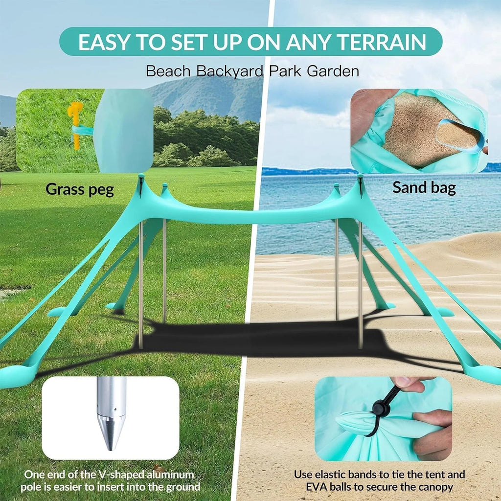 Beach Tent Canopy with 8 Sandbags 4 Aluminum Poles, Pop Up Portable Camping Sun Shelter, Easy Set Up with 2 Sand Shovel, Ground Pegs, Carrying Bag for Outdoor Beach,Picnic, Fishing