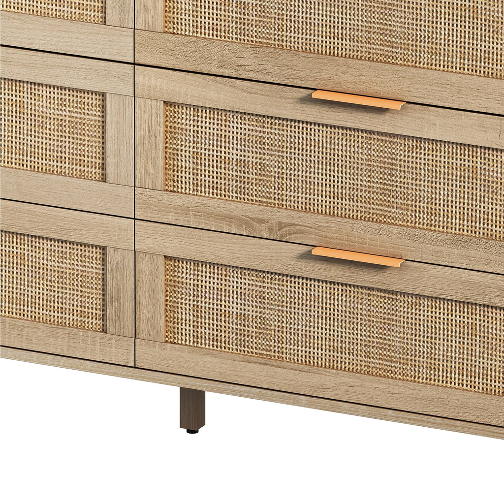 Wide 6 Drawer Rattan Dresser, Boho Dresser for Bedroom, Wooden Dresser Chest of Drawers, Natural