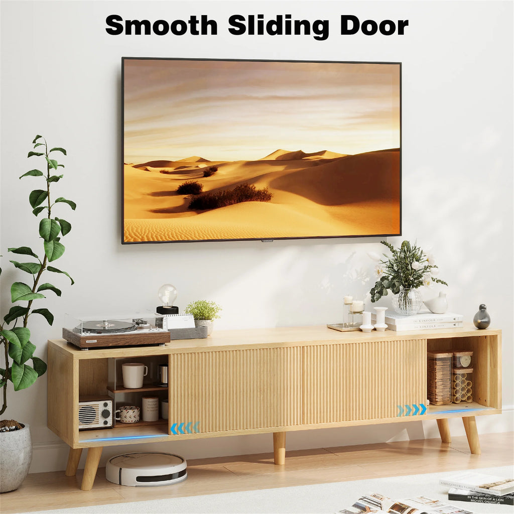 Planntonneo Mid-Century Modern Fluted TV Stand Wooden Media Console Entertainment Center for Living Room, Walnut Color
