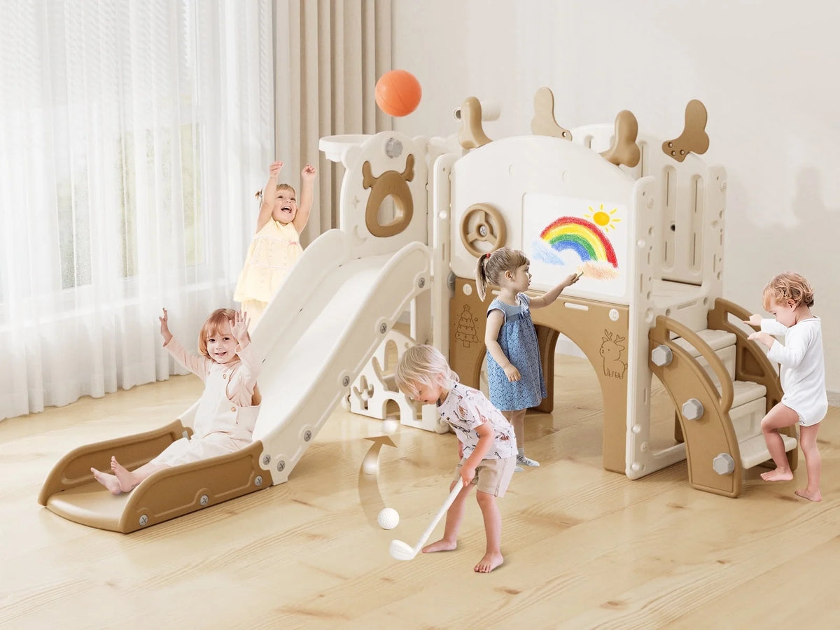 Korimefa 11-in-1 Toddler Slide Set with Golf, Basketball Hoop, Kids Slide for Toddlers Age 1-4, Climber Slip and Slides, Baby Outdoor Toys