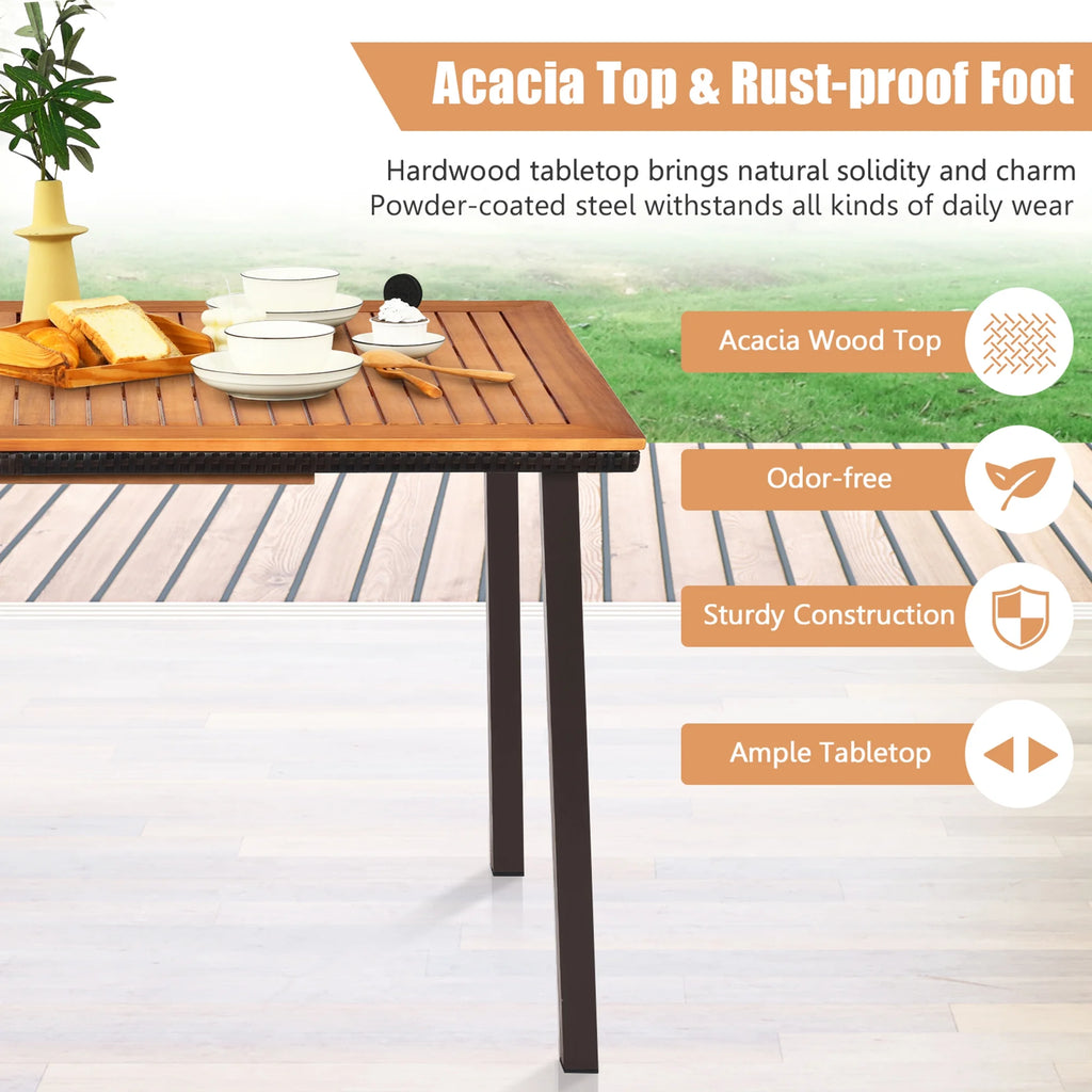 Gymax Rectangle Patio Outdoor Dining Table Acacia Wood Tabletop w/ 2'' Umbrella Hole