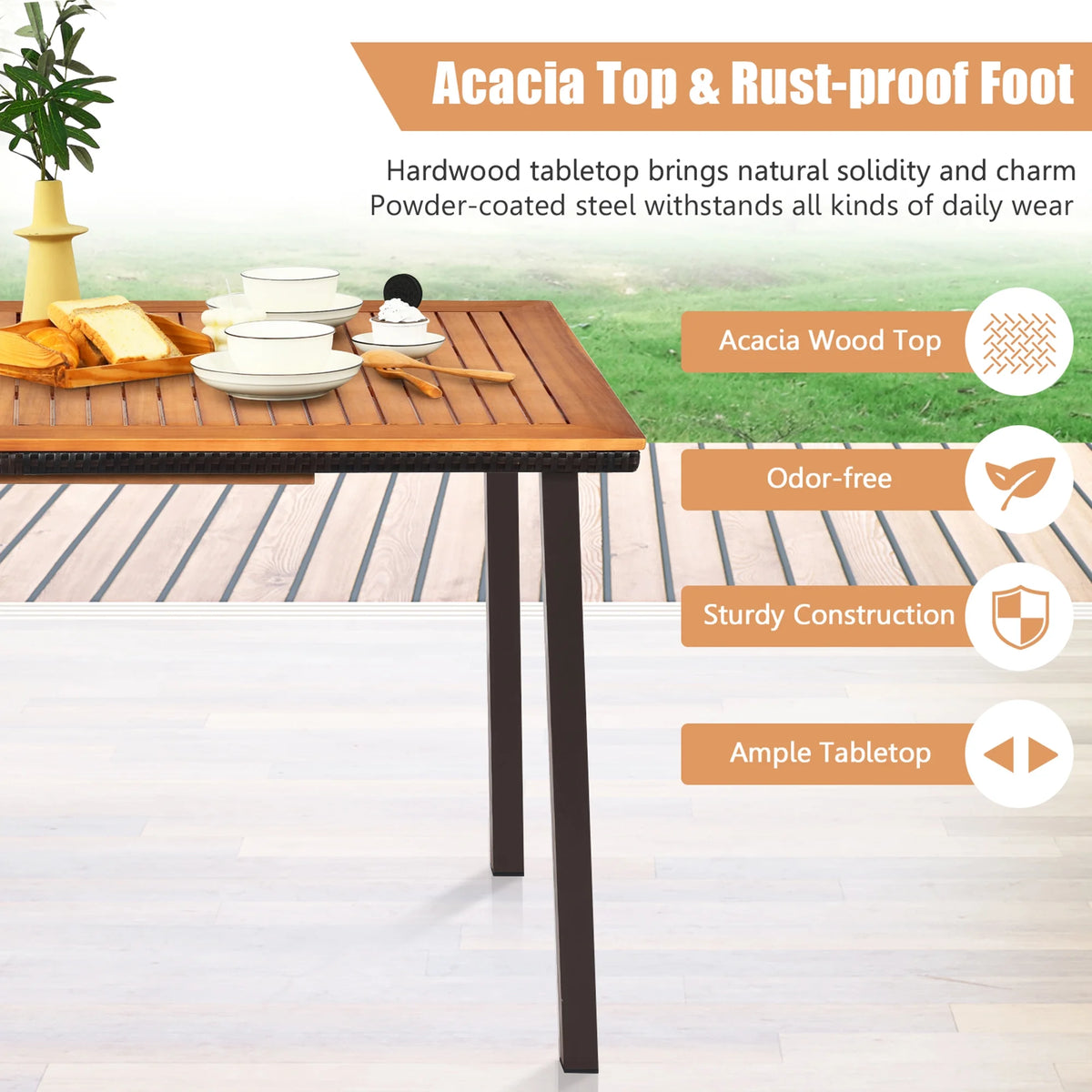 Gymax Rectangle Patio Outdoor Dining Table Acacia Wood Tabletop w/ 2'' Umbrella Hole