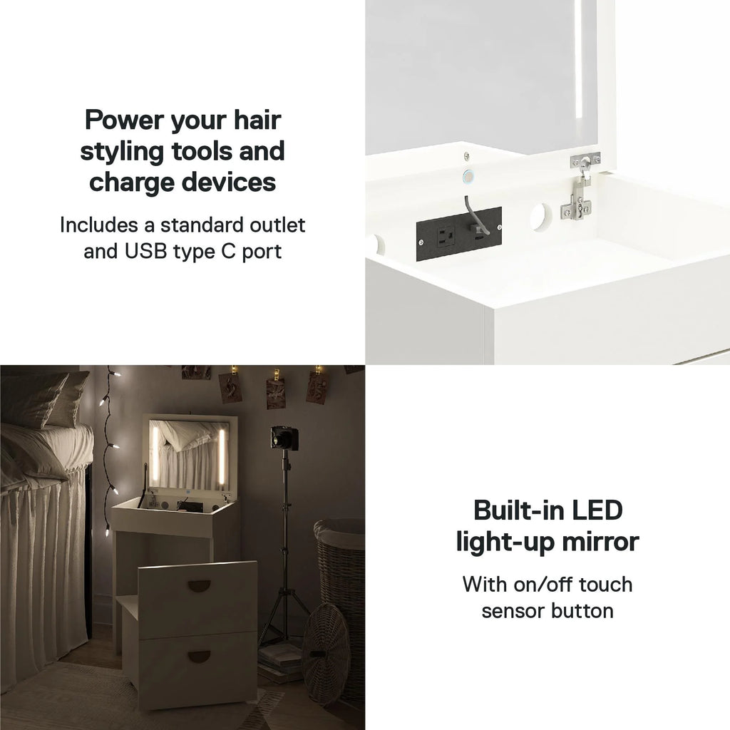 Ameriwood Home Compact 3-in-1 Vanity Set, Makeup Storage Desk & Stool, Mirror w/ LED lights & USB Charging Station, White