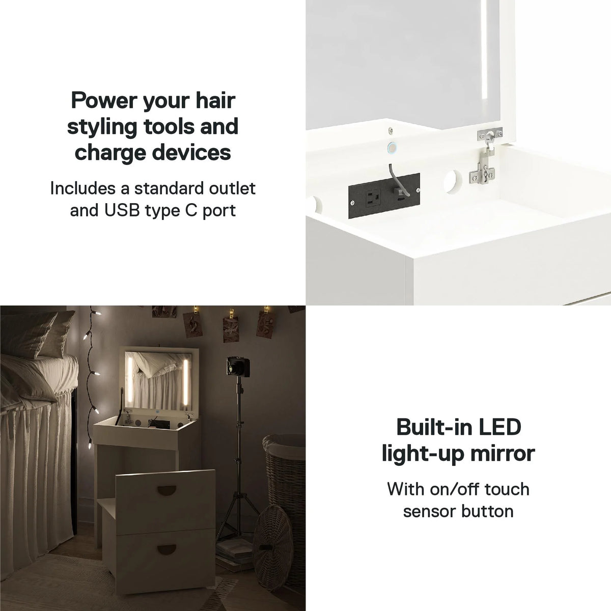 Ameriwood Home Compact 3-in-1 Vanity Set, Makeup Storage Desk & Stool, Mirror w/ LED lights & USB Charging Station, White