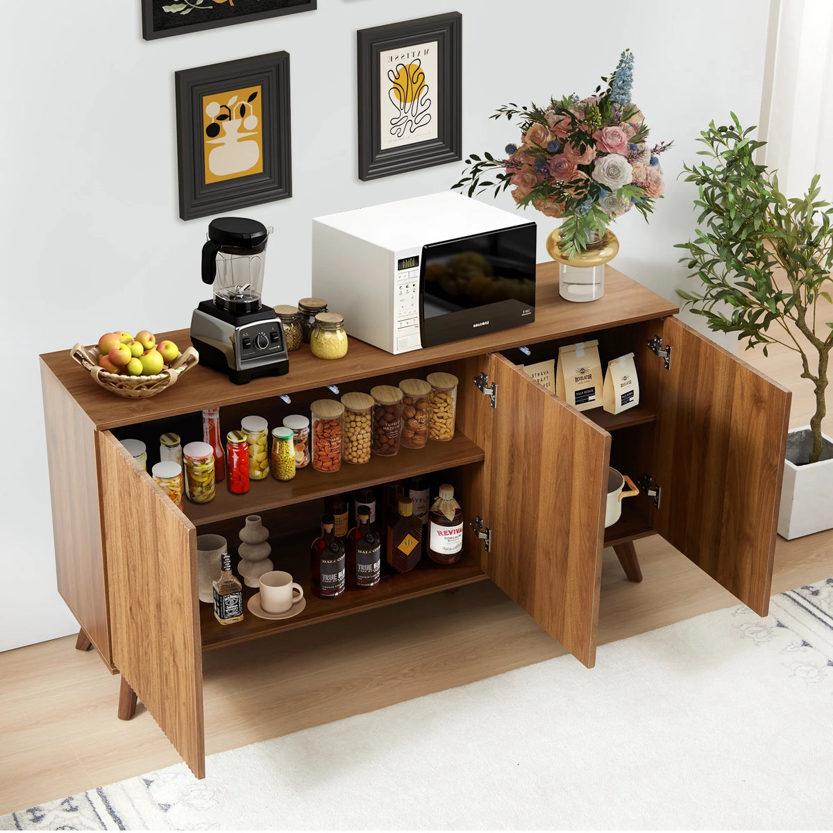 Wirrytor Sideboard Storage Cabinet with Doors and Shelves, Buffet Cabinet with Storage, Credenza Storage Cabinet for Kitchen, Wooden Fluted Cabinet, Under TV Cabinet with Storage - Black