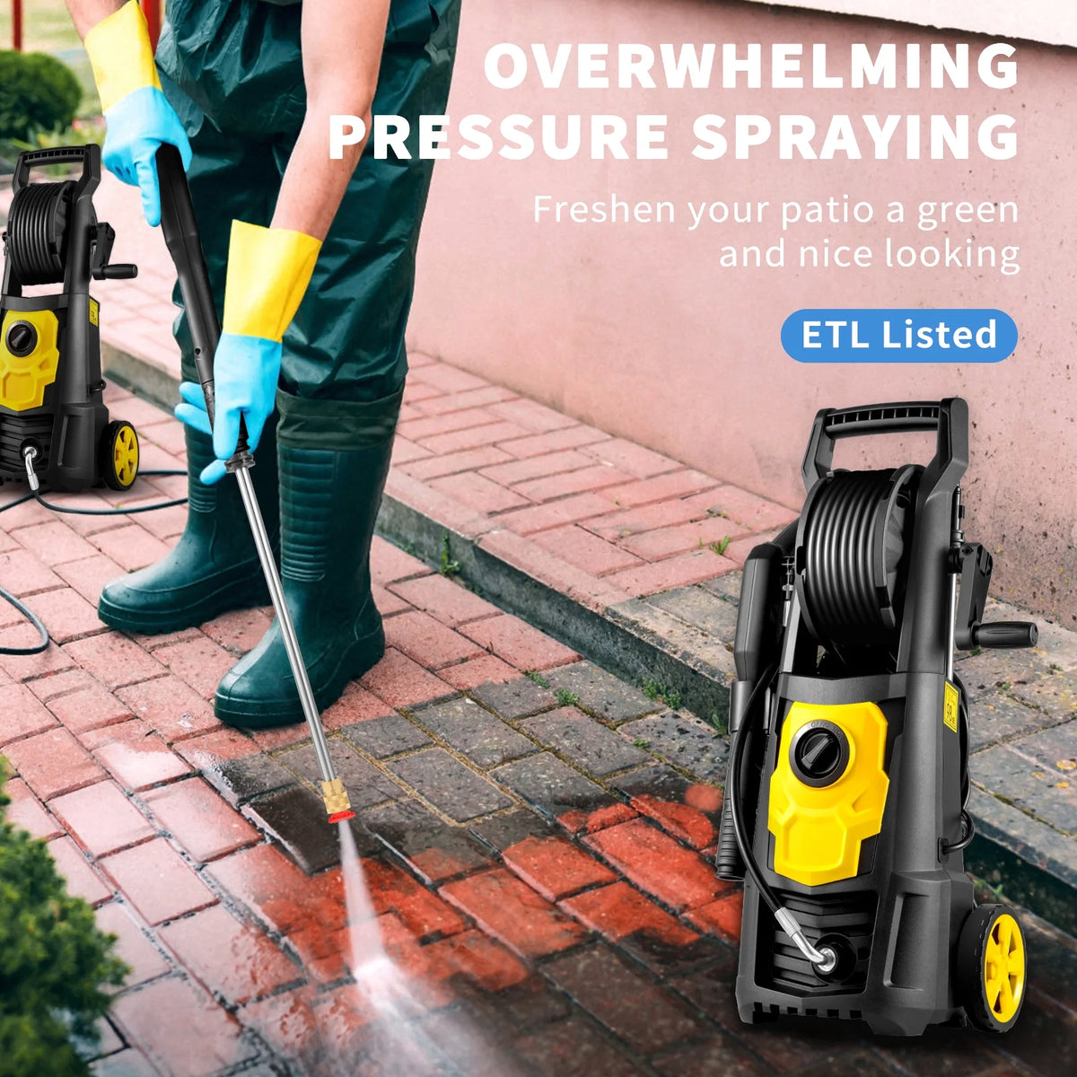 BENTISM Electric Pressure Washer, 2000 PSI 1.76 GPM 30 ft Hose & Reel, 5 Quick Connect Nozzles, Foam Cannon, Portable to Clean Patios, Cars, Fences, Driveways, ETL Listed