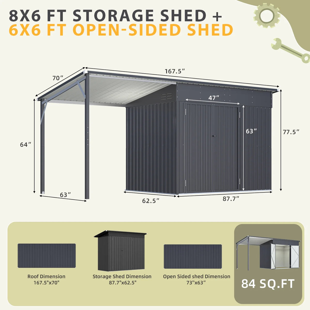 YODOLLA Outdoor Open-Sided Storage Shed, 3x5 Sheds & Outdoor Storage with 15 Sq. Ft Covered, 5x3 Small 2-in-1 Tool Shed with Attached Hardtop Metal Pergola Gazebo