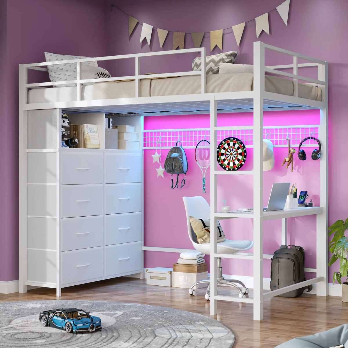 Afuhokles Twin Size Loft Bed with Desk and 8 Storage Drawers and Charging Station, Metal Loft Bed Twin with LED Lights, Storage Shelves, Black