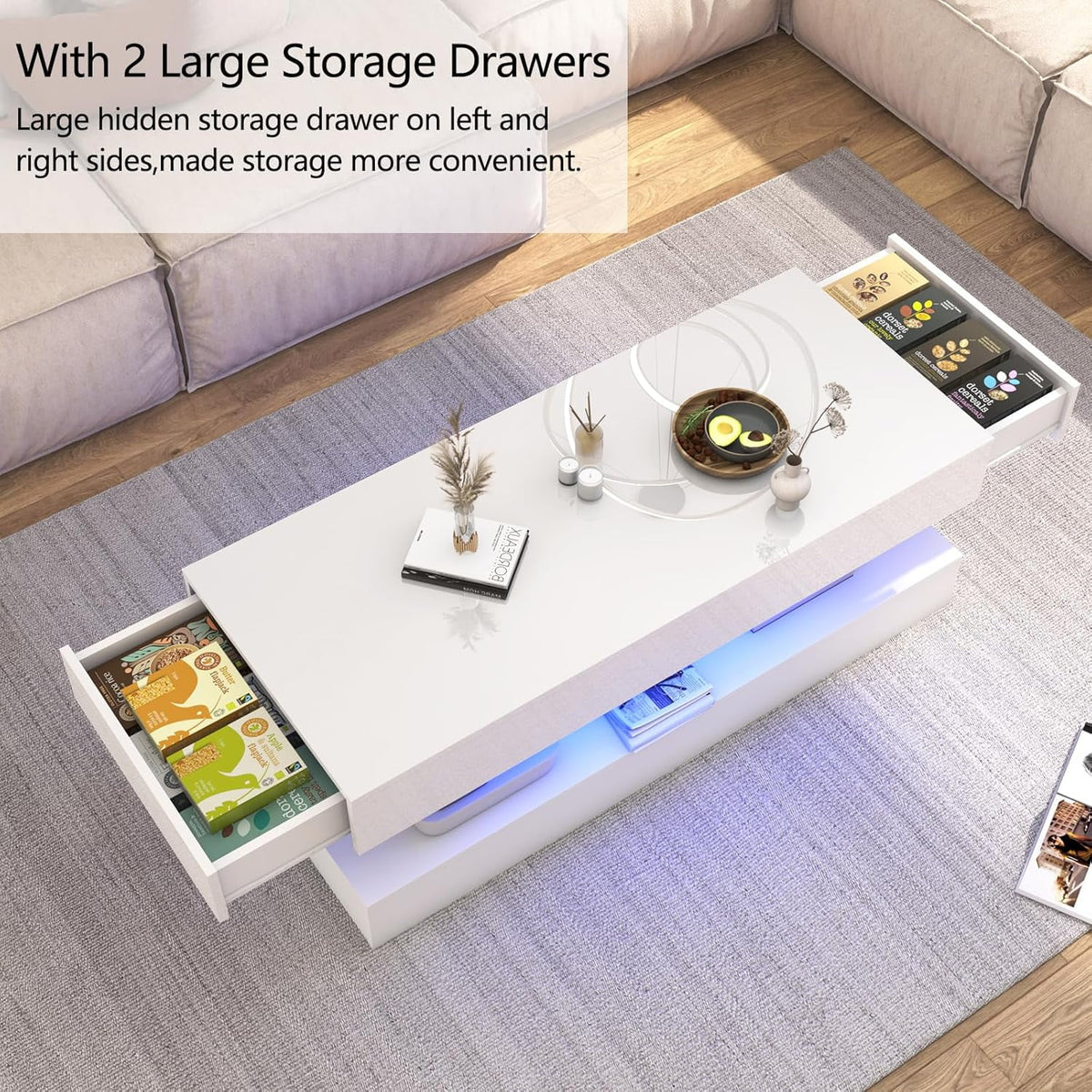 ChVans Large Black LED Coffee Table with 2 Storage Drawers, Modern High Gloss Coffee Table w/20 Colors LED Lights/APP Control, 2 Tiers Rectangle Large Living Room Furniture w/Marbling Print(47.3")