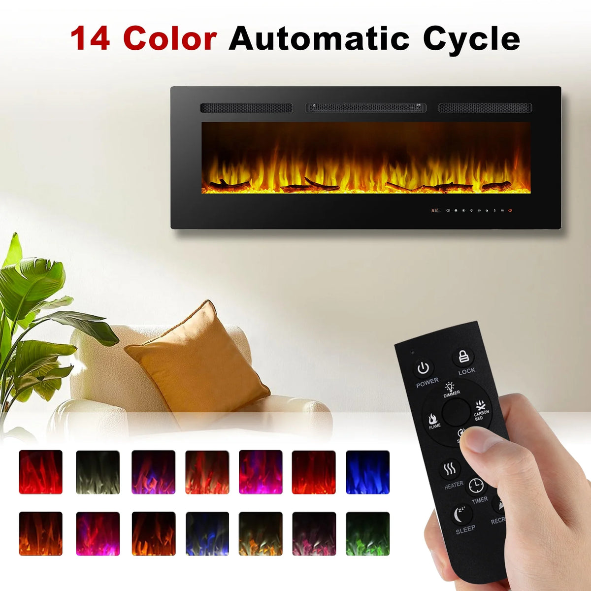 60" Electric Fireplace, Ultra-thin Recessed and Wall Mounted Fireplace, Linear Fireplace with Timer Remote Control Adjustable Flame Color 750w/1500w Black