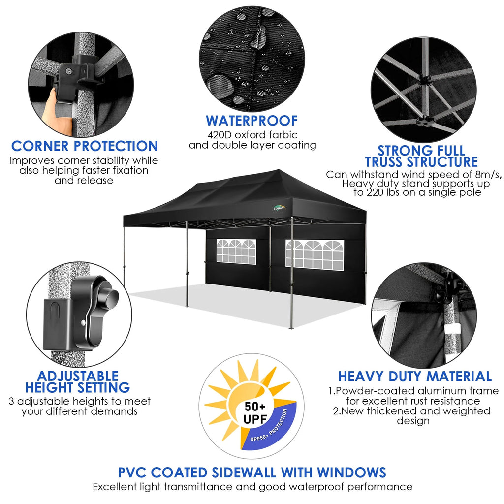 COBIZI 10x20 Heavy Duty Pop up Canopy Tent with 6 sidewalls Easy Up Commercial Outdoor Canopy Wedding Party Tent for Beach All Season Wind & Waterproof Gazebo with Roller Bag,Black(Frame Thickened)