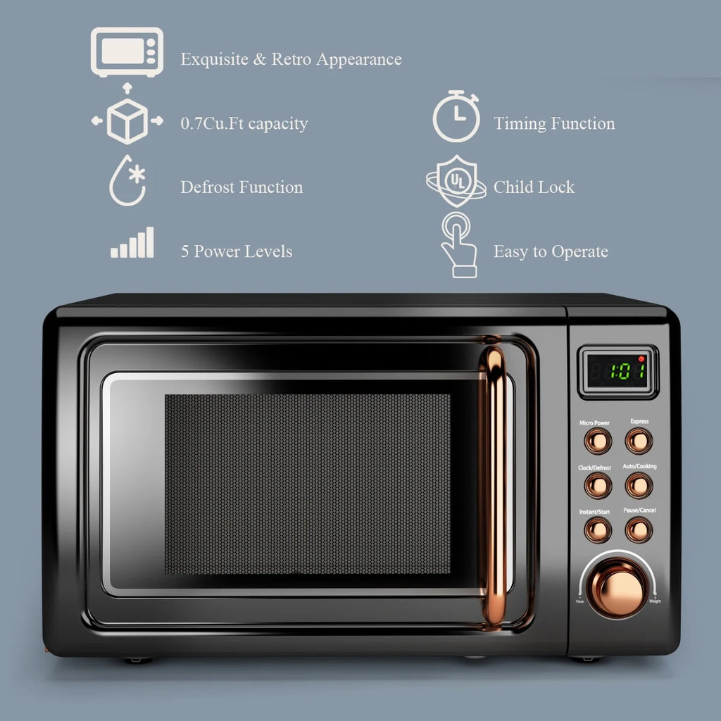 Costway 0.7Cu.ft Retro Countertop Microwave Oven 700W LED Display Glass Turntable Rose Gold