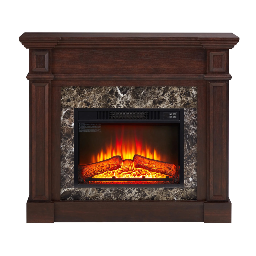 IMKHK Fireplace with Mantel, 46" Freestanding Electric Fireplace Heater with Stacked Stone Surround, TV Stand with Fireplace, Remote Control, Adjustable Flame Level for Living Room, 1400W, Brown