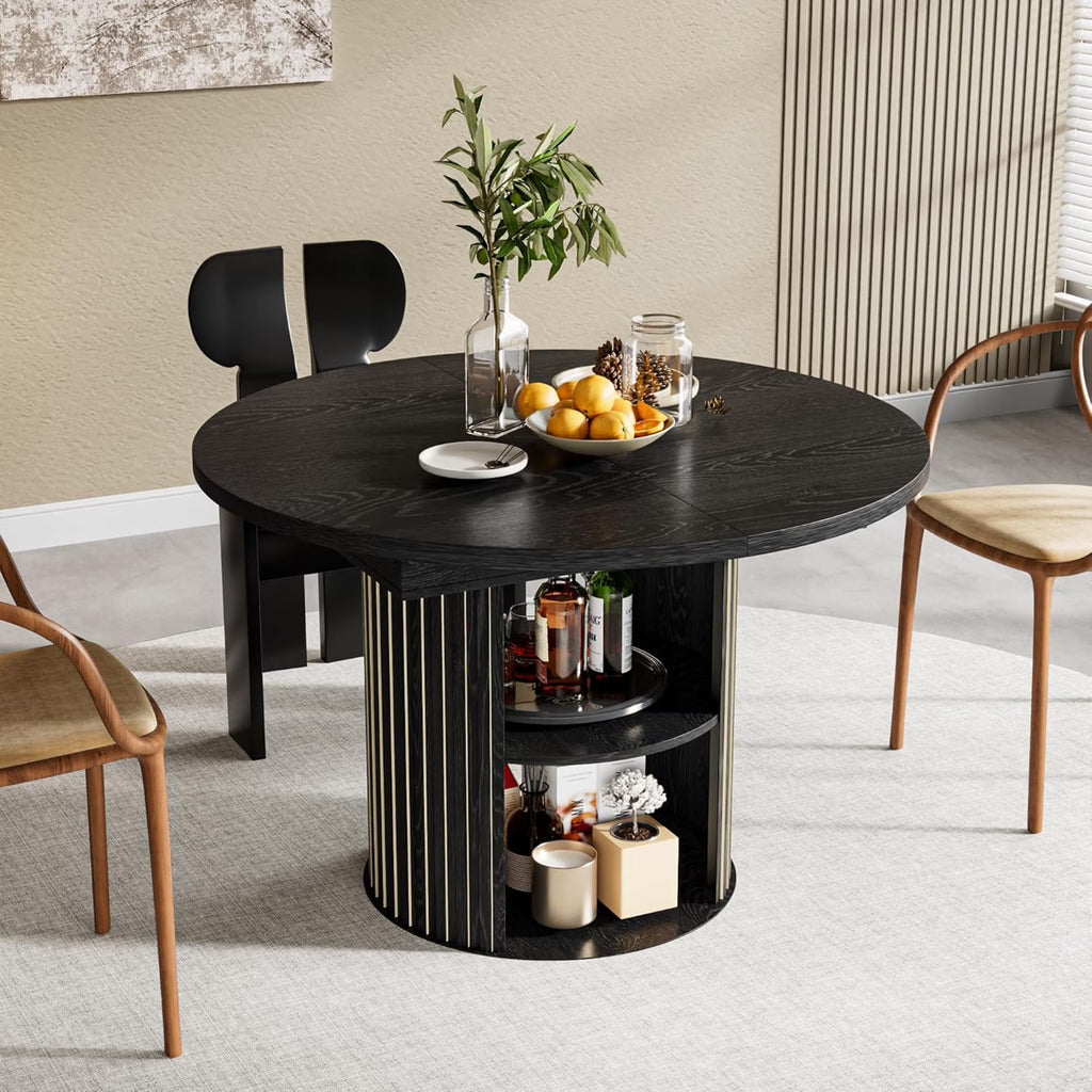 Extendable Dining Table for 4-6, Round Kitchen Table with Storage Shelf, Oval Dining Tables for Living Room (Walnut)