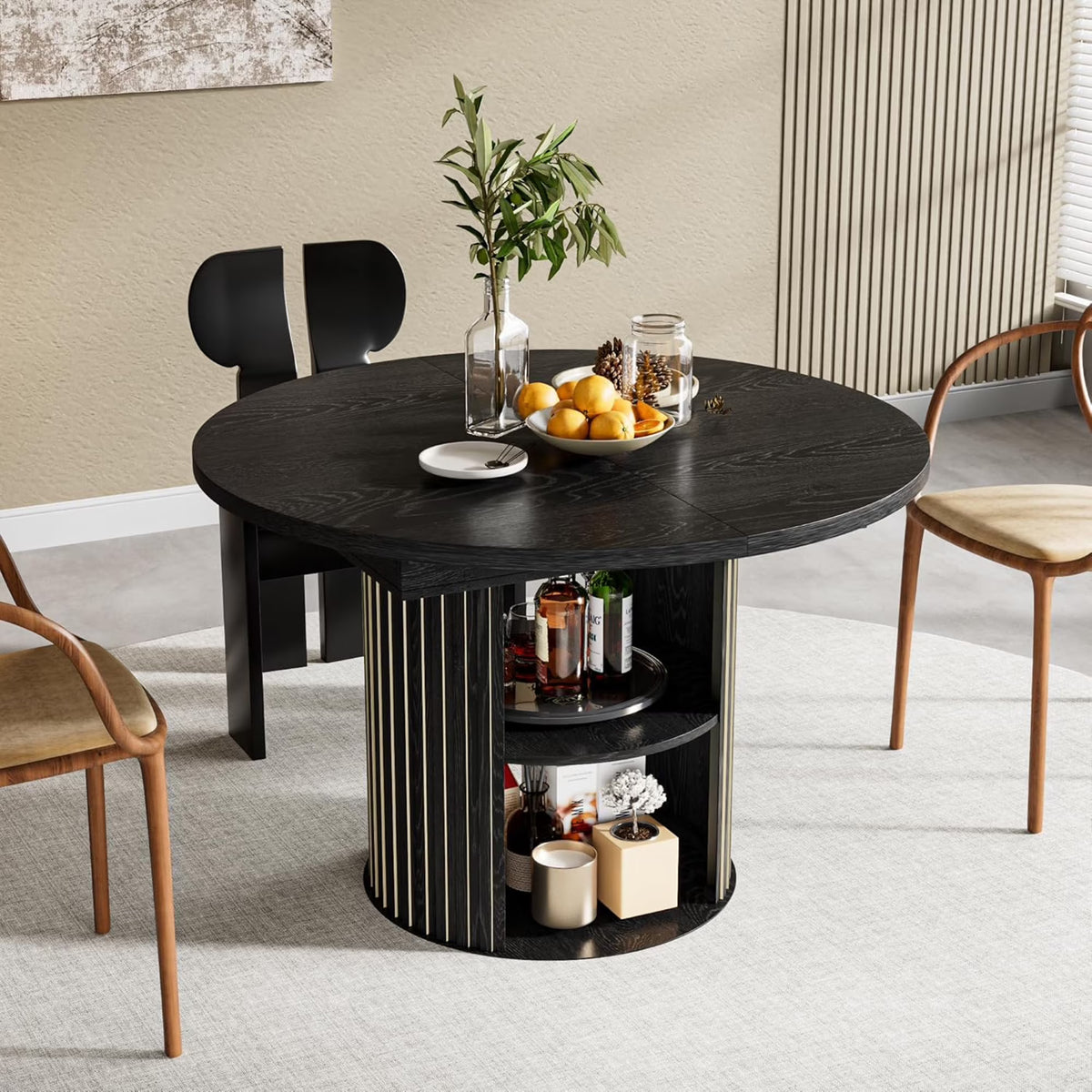 Extendable Dining Table for 4-6, Round Kitchen Table with Storage Shelf, Oval Dining Tables for Living Room (Walnut)