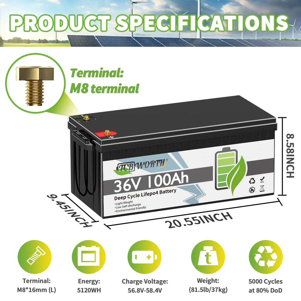 36V 100Ah LiFePO4 Battery,for Golf Carts,RV,Marine,Trolling Motor,Camper,200A BMS,15000+Deep Cycles,TCBWORTH Lithium Batteries,10 Years Lifetime