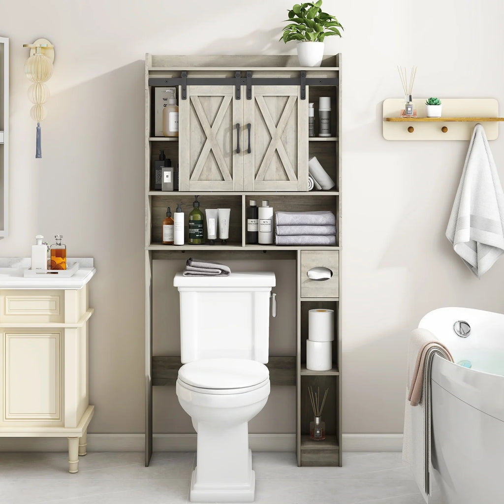 Over The Toilet Storage Cabinet, Farmhouse Storage Cabinet Over Toilet with Sliding Doors Home Space-Saving Toilet Rack, for Bathroom, Restroom, Laundry