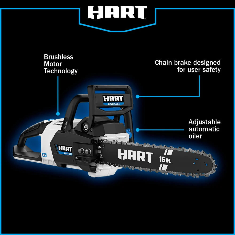 HART 40-Volt 16-inch SUPERCHARGE Battery-Powered Brushless Chainsaw Kit, (1) 4.0 Ah Lithium-Ion Battery